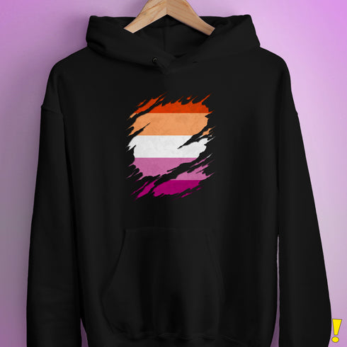 Lesbian Pride Flag Ripped Reveal Hoodie - Black